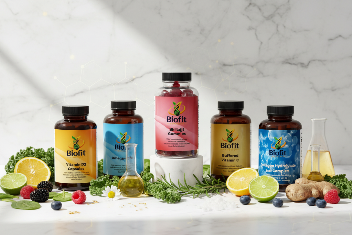 Biofit supplement bottles on a marble surface with fresh fruits and vegetables.